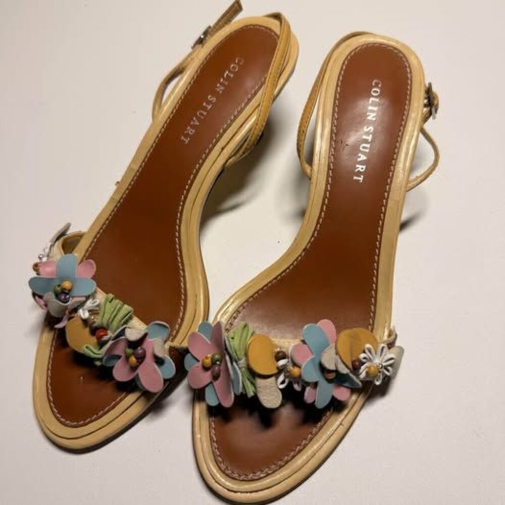 Vintage Colin Stuart Floral Leather Slingback Sandals Y2K Kitten Heel 6.5
